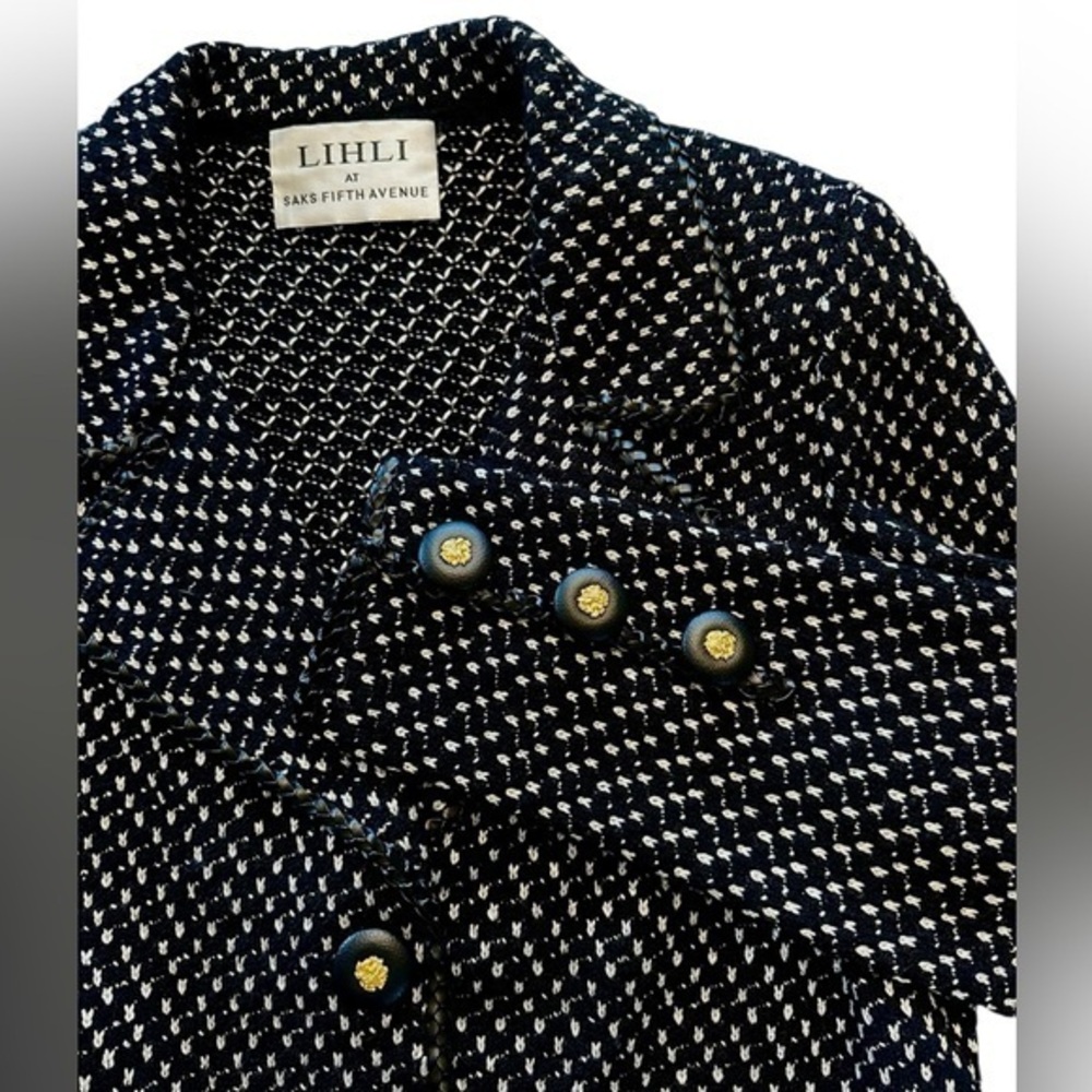 Vtg LIHLI by Saks Fifth Avenue Tweed Wool Blend Blazer - Womens 12 - Black White